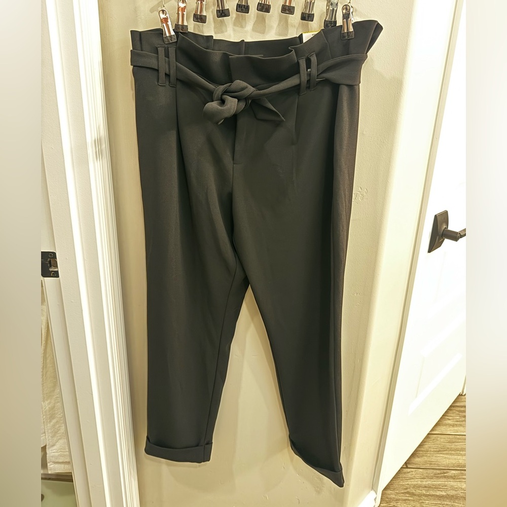 14 High Rise Black Pants with Belt and cuffed legs, ruching on the top band